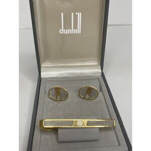 Dunhill “d” Logo Round Gold Cufflinks and Tie Bar/Clip With Box